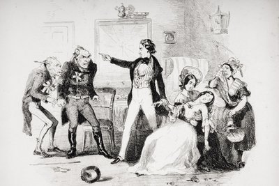 Nicholas congratulates Arthur Gride on his wedding morning, illustration from 